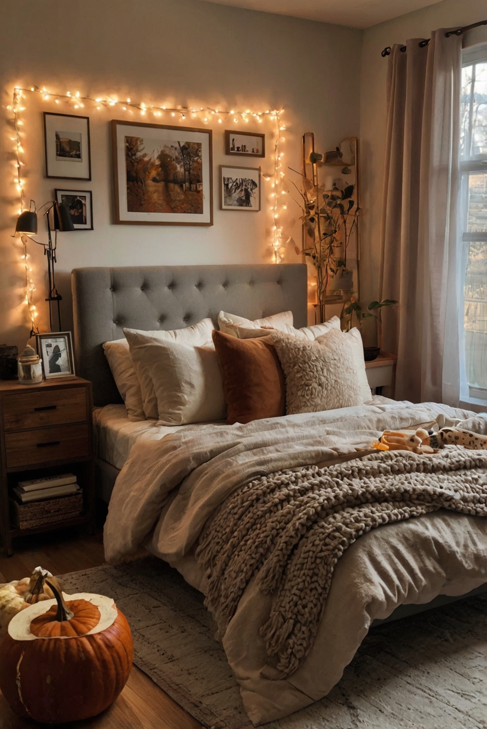 Bedroom decor ideas, Cozy bedroom makeover, Fall bedroom ambiance, Home interior decorating, Seasonal room styling