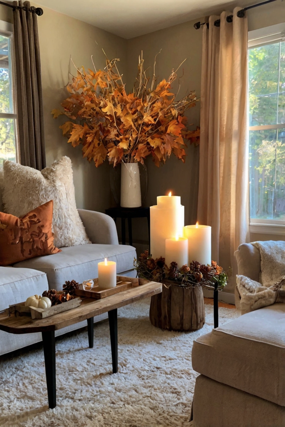 fall decor ideas, seasonal living room decor, autumn home refresh, cozy fall living room, elegant fall decorations