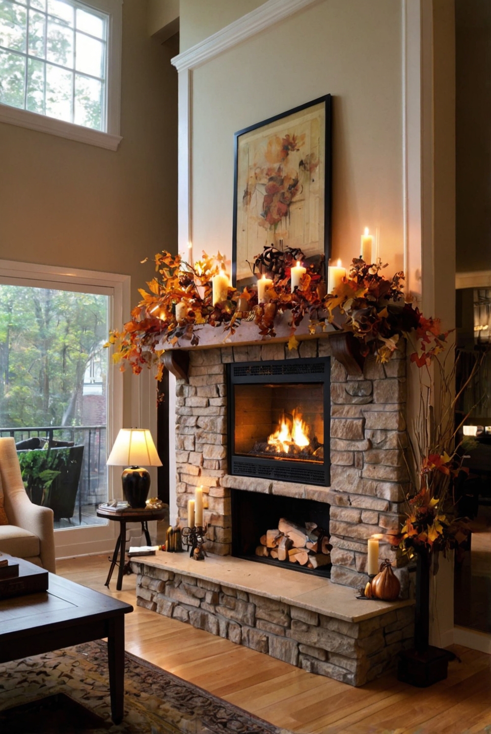 Fall fireplace decor, Fireplace mantel design, Mantel decorating ideas, Firewood storage ideas, Seasonal mantle display