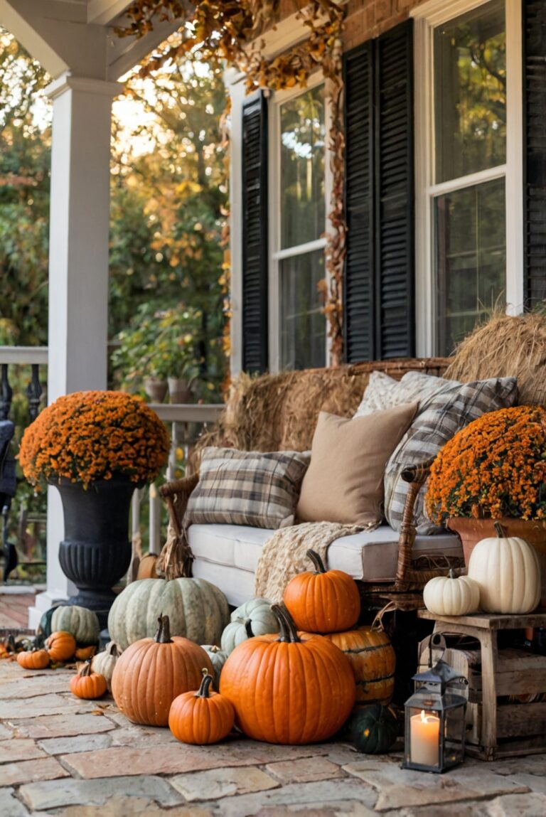 Fall porch decor, Autumn outdoor decorations, Front porch decorating ideas, Seasonal porch displays, Outdoor fall accents