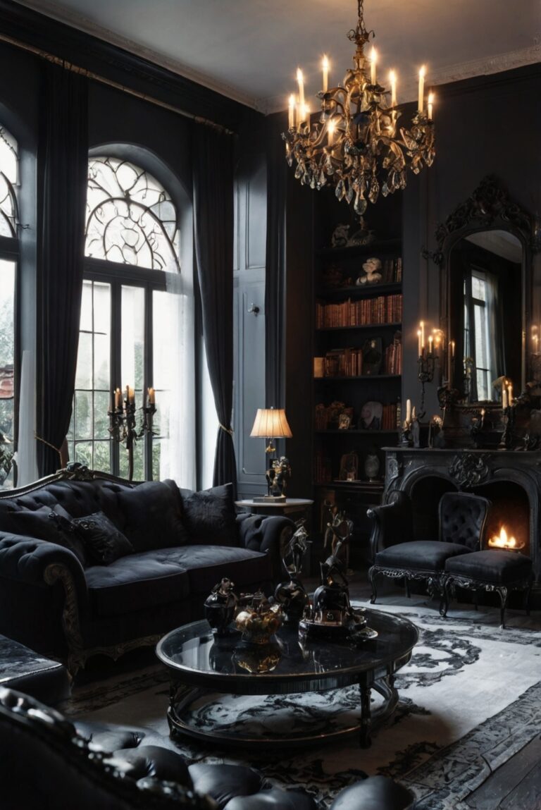 Gothic furniture, Gothic decor, Skull wall art, Black velvet curtains, Dark gothic design