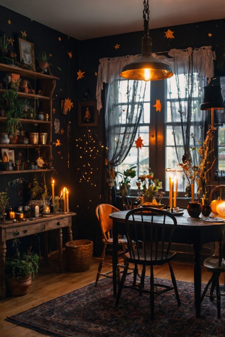 witchy home decor, gothic interior design, dark aesthetic room, mystical home accessories, witchy room inspiration