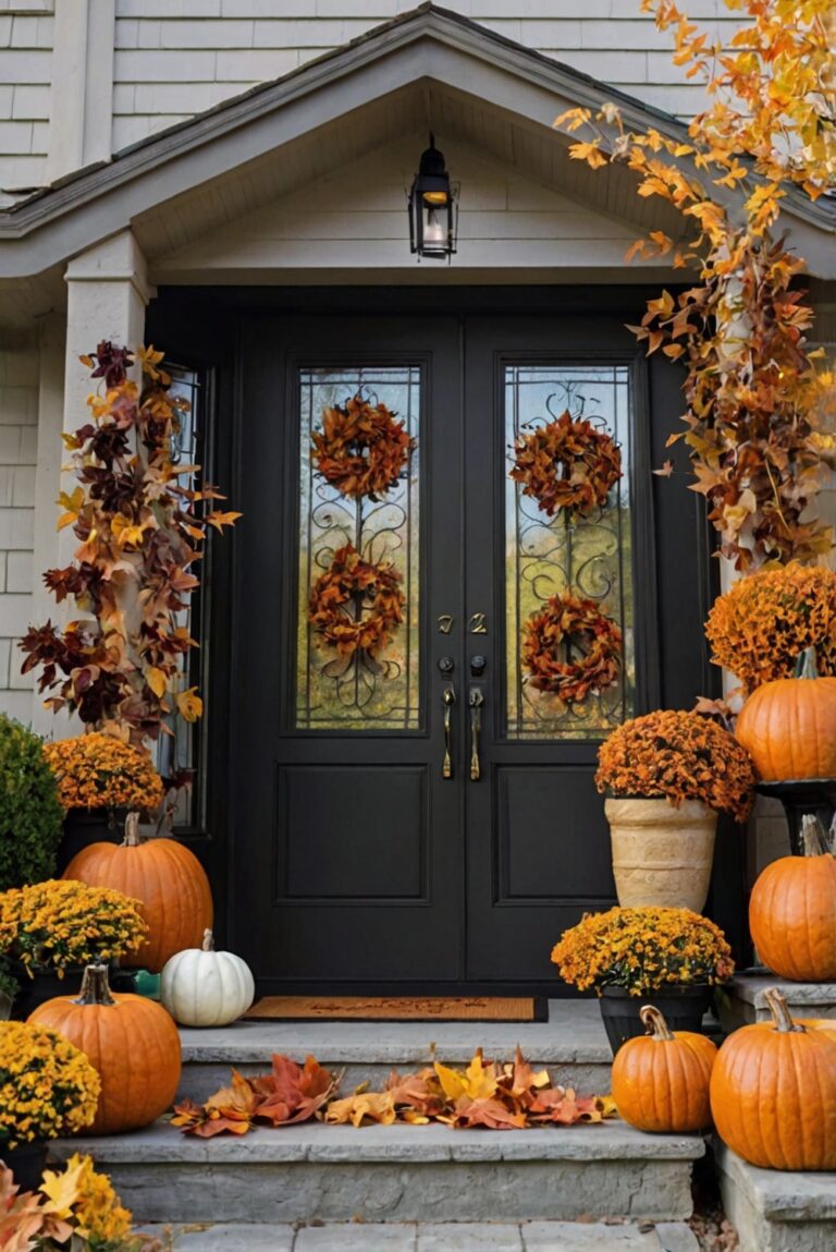 Fall porch decor, Autumn front door, Outdoor fall decorations, Harvest porch ideas, Seasonal wreaths