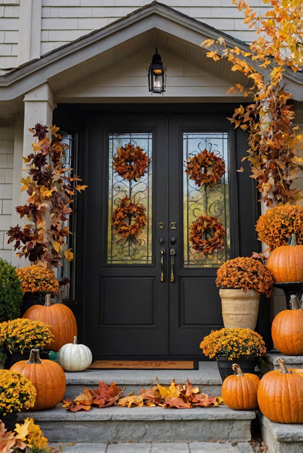 Fall porch decor, Autumn front door, Outdoor fall decorations, Harvest porch ideas, Seasonal wreaths