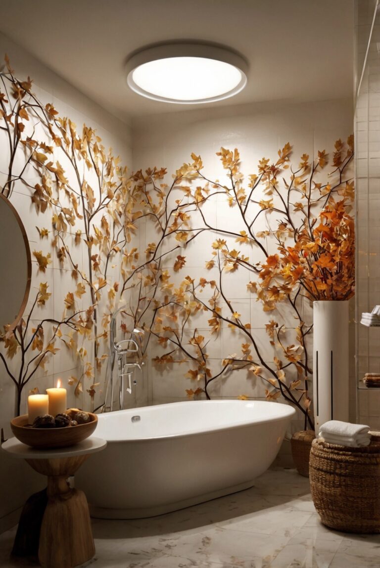 fall bathroom decor, autumn bathroom ideas, cozy bathroom decor, warm bathroom decorations, seasonal bathroom design