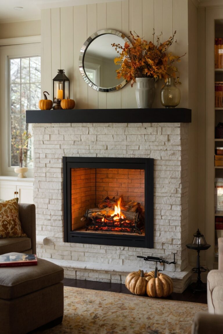 fall fireplace decor, autumn home decor, cozy fireplace ideas, seasonal fireplace decorations, elegant fireplace mantel